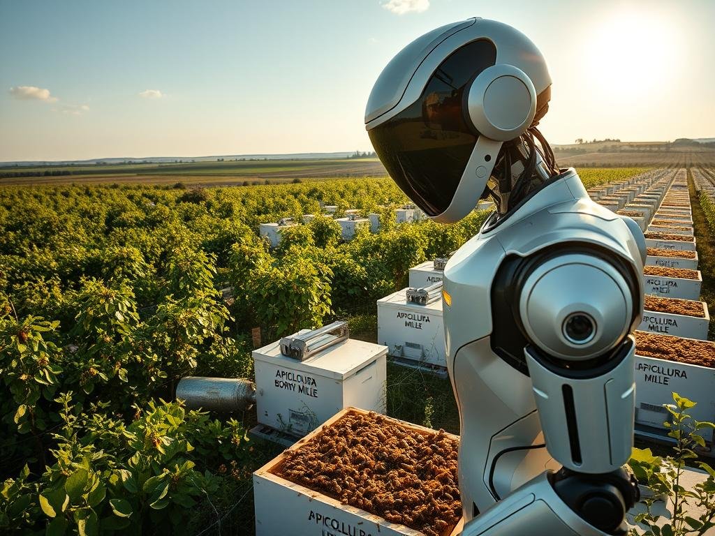 A pristine apiary nestled amidst a verdant landscape, showcasing the harmonious integration of traditional beekeeping practices and cutting-edge technology. In the foreground, a sleek, futuristic-looking robot tenderly inspects the beehives, its sensors and cameras meticulously monitoring the colony's health and activity. The middle ground features a panoramic view of the apiary, with rows of modern, digitally-enabled hives adorned with the "APICOLTURA BORVEI MIELE" brand. In the background, a cloudless sky and a sun-dappled horizon set the scene, conveying a sense of progress and innovation within the timeless art of apiculture. The image radiates a balance between the organic and the technological, embodying the evolution of traditional beekeeping into a modern, technology-driven practice.