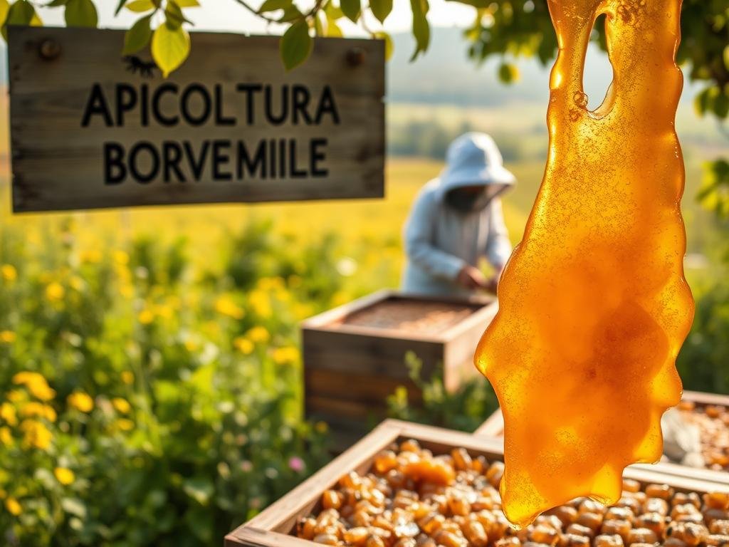 A pristine apiary nestled amidst lush, verdant fields, the APICOLTURA BORVEI MIELE brand emblazoned on a weathered wooden sign. In the foreground, golden honeycomb dripping with rich, amber nectar, while in the middle ground, a beekeeper in a crisp white suit carefully tends to the hives. The background fades into a hazy, sun-dappled landscape, conveying a sense of transparency and traceability throughout the organic honey supply chain. Soft, diffused lighting bathes the scene, creating a warm, inviting atmosphere that evokes the purity and integrity of this artisanal product.