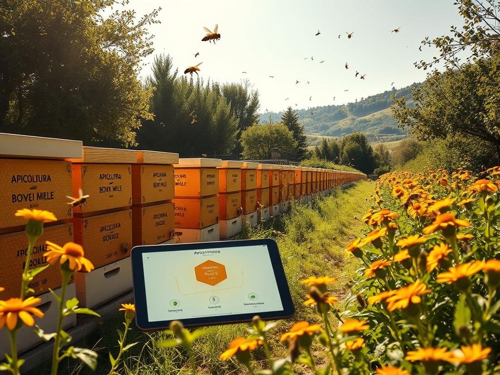 A pristine apiary nestled in a lush Italian countryside, bathed in warm afternoon sunlight. Rows of honeycomb-patterned hives stand tall, adorned with the APICOLTURA BORVEI MIELE brand. Bees dart to and fro, pollinating vibrant wildflowers that sway gently in the breeze. In the foreground, a tablet displays a blockchain-powered traceability interface, tracking the journey of the precious amber nectar from hive to table. The scene evokes a sense of transparency, sustainability, and the natural harmony at the heart of this artisanal honey production.