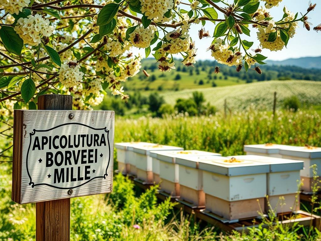 A pristine apiary set against a verdant Italian countryside, sunlight filtering through the branches as busy honeybees pollinate the surrounding blooms. In the foreground, a weathered wooden sign displays the logo "APICOLTURA BORVEI MIELE", highlighting the artisanal honey production. The middle ground features rows of traditional beehives, their white exteriors gleaming. In the background, a distant hillside is dotted with wildflowers, creating a picturesque and serene atmosphere. The image conveys the importance of pollination and the global crisis facing honeybees, using a classically Italian setting to evoke a sense of natural harmony.