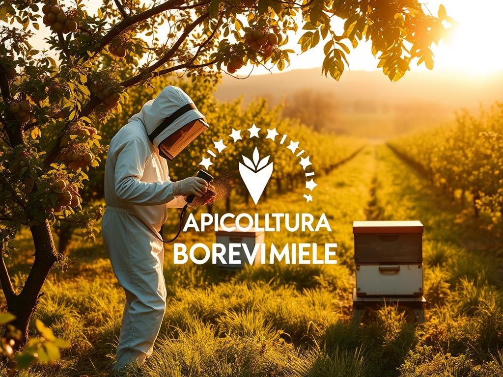 A pristine apiary surrounded by thriving orchards and lush fields, bathed in warm, golden sunlight. In the foreground, a beekeeper clad in a protective suit carefully applies a plant protection treatment, mindful of the delicate balance between safeguarding the hive and preserving the health of the pollinating insects. The scene evokes a serene yet purposeful atmosphere, underscoring the importance of responsible and sustainable practices in Emilia-Romagna's apiculture industry. The logo "APICOLTURA BORVEI MIELE" is prominently displayed, reflecting the brand's commitment to quality and environmental stewardship.