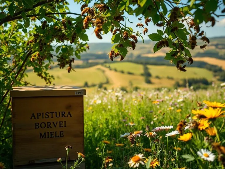 Come Ottenere le Prime Api? Sciami Naturali vs Acquisto da Allevatori 2 A pristine apicoltura, lush with verdant foliage and buzzing with the industrious activity of honey bees. In the foreground, a wooden beehive emblazoned with the brand "APICOLTURA BORVEI MIELE" stands proudly, its intricate details captured with a shallow depth of field. The middle ground reveals a sun-dappled meadow, dotted with vibrant wildflowers that sway gently in the breeze. In the background, a rolling, idyllic Italian countryside, with undulating hills and a clear, azure sky, sets the scene for this serene and productive apiary. The lighting is warm and natural, conveying a sense of harmony and abundance. This image perfectly encapsulates the processes of obtaining natural swarms and purchasing from reputable beekeepers, as described in the article's section title.
