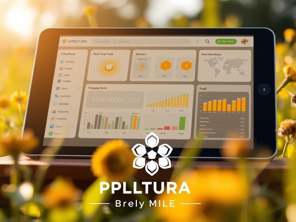 A pristine digital apiary dashboard displayed on a sleek tablet device, showcasing intuitive tools for modern beekeepers. The screen features real-time data visualizations, hive monitoring sensors, and a user-friendly interface, all bathed in warm, natural lighting evocative of the Italian countryside. In the foreground, the APICOLTURA BORVEI MIELE brand logo stands out, symbolizing the integration of traditional apiculture with cutting-edge technology. The overall scene conveys the harmonious blend of analog and digital realms, highlighting the advantages of embracing digital tools to simplify the management of beehives.