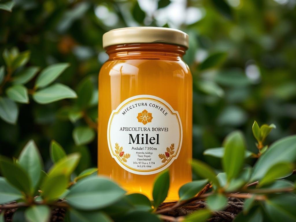 A pristine glass jar filled with golden-hued miel, the Apicoltura Borvei Miele label prominently displayed. The jar is set against a backdrop of lush, verdant foliage, conveying a sense of natural, sustainable production. Soft, diffused lighting illuminates the scene, capturing the warmth and purity of the honey. The composition suggests a harmonious coexistence between the product and its environmental origins, evoking a tranquil, eco-friendly aesthetic. A wide-angle lens captures the scene, allowing the viewer to fully immerse themselves in this idyllic representation of ethical, nature-conscious honey production. A pristine glass jar filled with golden-hued miel, the Apicoltura Borvei Miele label prominently displayed. The jar is set against a backdrop of lush, verdant foliage, conveying a sense of natural, sustainable production. Soft, diffused lighting illuminates the scene, capturing the warmth and purity of the honey. The composition suggests a harmonious coexistence between the product and its environmental origins, evoking a tranquil, eco-friendly aesthetic. A wide-angle lens captures the scene, allowing the viewer to fully immerse themselves in this idyllic representation of ethical, nature-conscious honey production.