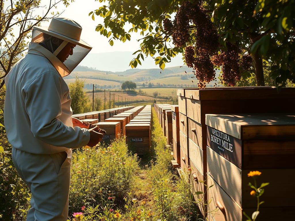 A pristine, sun-dappled apiary, buzzing with the industrious activity of a healthy honey bee colony. In the foreground, a beekeeper in a crisp white suit carefully inspects the hive, maintaining vigilance against pests and disease. The middle ground reveals rows of traditional wooden hives, adorned with the logo of "APICOLTURA BORVEI MIELE", nestled amidst lush foliage and wildflowers. The background depicts a pastoral Italian countryside, rolling hills and distant mountains bathed in a warm, golden light. The overall mood is one of tranquility, harmony, and the stewardship of nature's delicate balance.