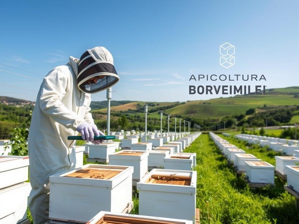 A pristine, well-lit apiary with rows of modern, white-painted beehives nestled amidst a lush, verdant landscape. In the foreground, a beekeeper dressed in protective gear closely examines the activity within one of the hives, using a digital monitoring device to record data. In the middle ground, a series of networked cameras and sensors are strategically placed to track the movement and behavior of the buzzing honey bees. The background showcases rolling hills and a clear blue sky, creating a serene, harmonious environment. The APICOLTURA BORVEI MIELE logo is prominently displayed, reflecting the innovative technologies revolutionizing modern beekeeping.