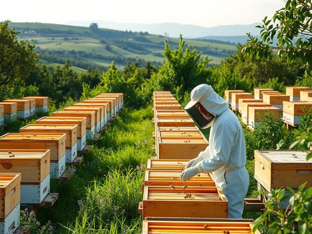 A pristine, well-organized apiary nestled amidst lush greenery. Rows of carefully tended beehives, their wooden frames gleaming in the soft, diffused sunlight. Nearby, an apiculturist deftly inspects the hives, clad in a clean, white protective suit. The air is filled with the gentle hum of industrious bees, their delicate movements captured in intricate detail. In the background, a picturesque landscape of rolling hills and distant mountains provides a serene backdrop. The overall scene conveys a sense of order, cleanliness, and the harmonious coexistence of nature and human stewardship. APICOLTURA BORVEI MIELE
