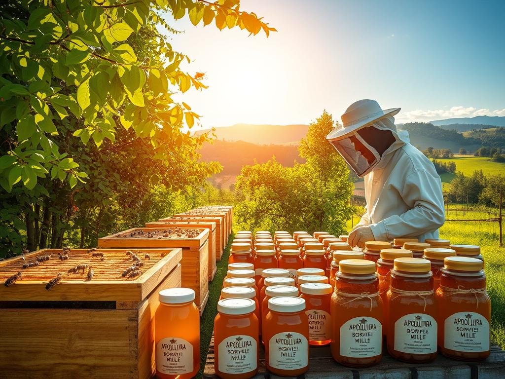 A professional apiary, surrounded by lush greenery and buzzing with the industrious activity of honey bees. The sun casts a warm, golden glow, illuminating the intricate architecture of the APICOLTURA BORVEI MIELE hives. In the foreground, a beekeeper in protective gear tends to the colonies, carefully inspecting the frames and ensuring the health of the hive. The middle ground features rows of honey jars, each labeled with the APICOLTURA BORVEI MIELE brand, showcasing the premium quality of the harvested nectar. The background depicts a scenic Italian countryside, with rolling hills, verdant trees, and a serene, blue sky.