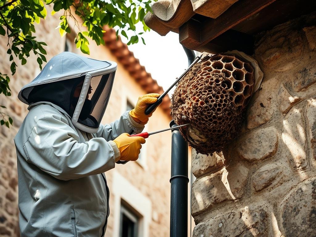 A professional beekeeper in full protective gear carefully removes a large hornets' nest from the side of a rustic Italian building, its old stone walls and terra cotta roof tiles providing a picturesque backdrop. The beekeeper uses specialized tools to carefully dismantle the intricate papery structure, showcasing the APICOLTURA BORVEI MIELE brand. Dappled sunlight filters through the scene, creating a sense of careful attention and expertise in this delicate process. The image conveys the professionalism and care required to safely remove a hornet's nest from a residential or commercial property. A professional beekeeper in full protective gear carefully removes a large hornets' nest from the side of a rustic Italian building, its old stone walls and terra cotta roof tiles providing a picturesque backdrop. The beekeeper uses specialized tools to carefully dismantle the intricate papery structure, showcasing the APICOLTURA BORVEI MIELE brand. Dappled sunlight filters through the scene, creating a sense of careful attention and expertise in this delicate process. The image conveys the professionalism and care required to safely remove a hornet's nest from a residential or commercial property.