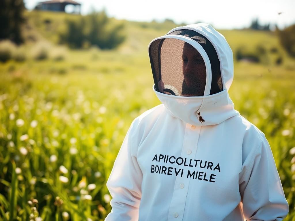 A professional beekeeper's uniform, adorned with the APICOLTURA BORVEI MIELE logo, stands ready for the apiarist's task. The crisp white suit, complete with a protective veil, conveys a sense of preparedness and safety. Sunlight filters through the canvas, casting a warm glow upon the ensemble. In the background, a lush, verdant meadow evokes the tranquil setting of the apiary, where the bees busily pollinate the flowers. This image serves as a visual reminder of the importance of proper protective gear when delving into the world of beekeeping, a crucial step to avoid mishaps and ensure a successful and rewarding experience. A professional beekeeper's uniform, adorned with the APICOLTURA BORVEI MIELE logo, stands ready for the apiarist's task. The crisp white suit, complete with a protective veil, conveys a sense of preparedness and safety. Sunlight filters through the canvas, casting a warm glow upon the ensemble. In the background, a lush, verdant meadow evokes the tranquil setting of the apiary, where the bees busily pollinate the flowers. This image serves as a visual reminder of the importance of proper protective gear when delving into the world of beekeeping, a crucial step to avoid mishaps and ensure a successful and rewarding experience.