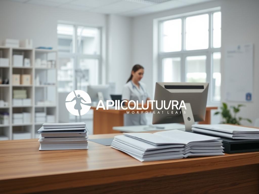 A professional healthcare facility interior with a modern, clean aesthetic. In the foreground, a wooden desk with a computer and a neatly organized stack of medical records. In the middle ground, a nurse in a white uniform sits at the desk, carefully entering data into the computer. The background features clean white walls, shelves with medical supplies, and large windows allowing natural light to flood the space. The overall mood is one of efficiency, organization, and attention to detail. The APICOLTURA BORVEI MIELE logo is prominently displayed on the desk or the wall behind the nurse.