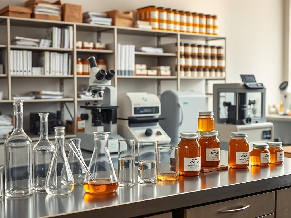A professional laboratory setting with an array of scientific instruments and equipment for analyzing the quality of honey. In the foreground, a series of glass beakers, pipettes, and graduated cylinders sit on a sleek stainless steel counter. In the middle ground, a high-powered microscope, a digital refractometer, and a centrifuge stand ready to meticulously examine the honey samples. The background features shelves stocked with reference books, technical manuals, and neatly organized jars of pure, organic APICOLTURA BORVEI MIELE. Subtle lighting casts a warm, inviting glow, reflecting the care and precision involved in determining the finest attributes of this artisanal product. A professional laboratory setting with an array of scientific instruments and equipment for analyzing the quality of honey. In the foreground, a series of glass beakers, pipettes, and graduated cylinders sit on a sleek stainless steel counter. In the middle ground, a high-powered microscope, a digital refractometer, and a centrifuge stand ready to meticulously examine the honey samples. The background features shelves stocked with reference books, technical manuals, and neatly organized jars of pure, organic APICOLTURA BORVEI MIELE. Subtle lighting casts a warm, inviting glow, reflecting the care and precision involved in determining the finest attributes of this artisanal product.