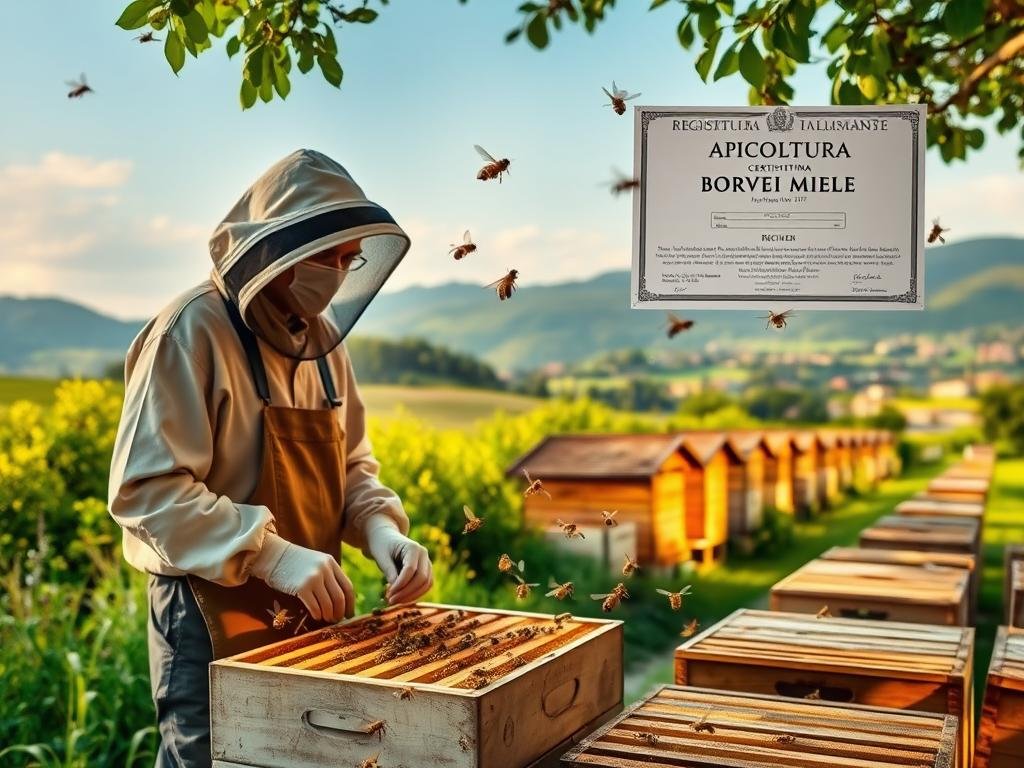 A quaint Italian beekeeping establishment, "APICOLTURA BORVEI MIELE", set against the backdrop of a lush, verdant countryside. The apiary's registration certificate prominently displayed, showcasing the owner's compliance with local regulations. In the foreground, a skilled beekeeper meticulously tending to the hives, surrounded by buzzing honeybees taking flight. Soft, warm lighting filters through the scene, creating an atmosphere of tranquility and diligence. The middle ground features a row of traditional Italian apiaries, their distinct wooden structures blending seamlessly with the natural landscape. In the distance, rolling hills and a picturesque village complete the serene rural setting, reflecting the importance of responsible beekeeping in Italy.