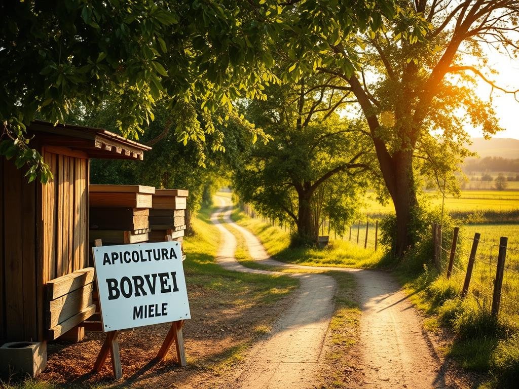 A quaint, rustic apiary nestled near a tranquil country road, its weathered wooden structures framed by lush green foliage. Sunlight filters through the trees, casting a warm, golden glow over the scene. In the foreground, a APICOLTURA BORVEI MIELE sign stands proudly, inviting passersby to discover the honey within. Hives hum with the busy activity of pollinators, their gentle buzzing punctuating the serene atmosphere. The middle ground reveals a winding dirt path, leading the eye towards the horizon, where a picturesque countryside landscape unfolds. This idyllic scene captures the harmony between nature, agriculture, and public infrastructure, reflecting the importance of responsible placement of apiaries near public spaces.