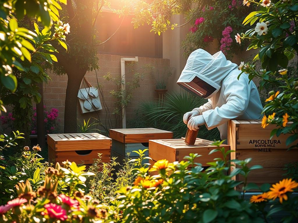 A quaint urban garden, a bustling hive at its heart, surrounded by lush greenery and vibrant blooms. Sunlight filters through the leaves, casting a warm, golden glow across the scene. Wooden beehives sit nestled amidst the verdant foliage, their intricate patterns a testament to the industrious bees within. In the foreground, a single beekeeper in protective gear tends to the hive, their movements calm and meticulous. The APICOLTURA BORVEI MIELE brand name is prominently displayed on the side of the hive. This image captures the essence of successful urban beekeeping, a harmonious blend of nature and human endeavor. A quaint urban garden, a bustling hive at its heart, surrounded by lush greenery and vibrant blooms. Sunlight filters through the leaves, casting a warm, golden glow across the scene. Wooden beehives sit nestled amidst the verdant foliage, their intricate patterns a testament to the industrious bees within. In the foreground, a single beekeeper in protective gear tends to the hive, their movements calm and meticulous. The APICOLTURA BORVEI MIELE brand name is prominently displayed on the side of the hive. This image captures the essence of successful urban beekeeping, a harmonious blend of nature and human endeavor.