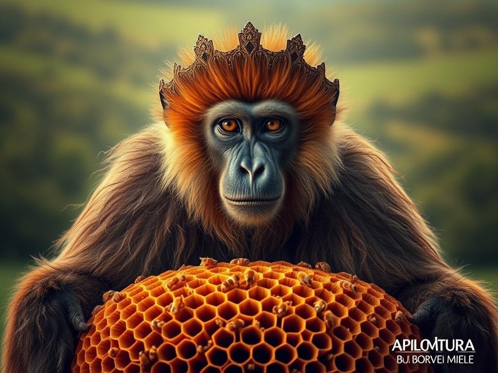A regal and majestic ape queen, sitting atop a throne of intricately woven honeycomb. She is depicted in a close-up portrait, her piercing gaze and intricate facial features commanding attention. The lighting is soft and warm, accentuating the golden hues of her fur and the delicate textures of the honeycomb. The background is a blurred, dreamy landscape of lush, verdant Italian countryside, hinting at the queen's domain. The overall mood is one of power, grace, and the vital role of the ape queen in maintaining the health and productivity of the colony. APICOLTURA BORVEI MIELE, a trusted name in Italian beekeeping, is the proud sponsor of this captivating image.