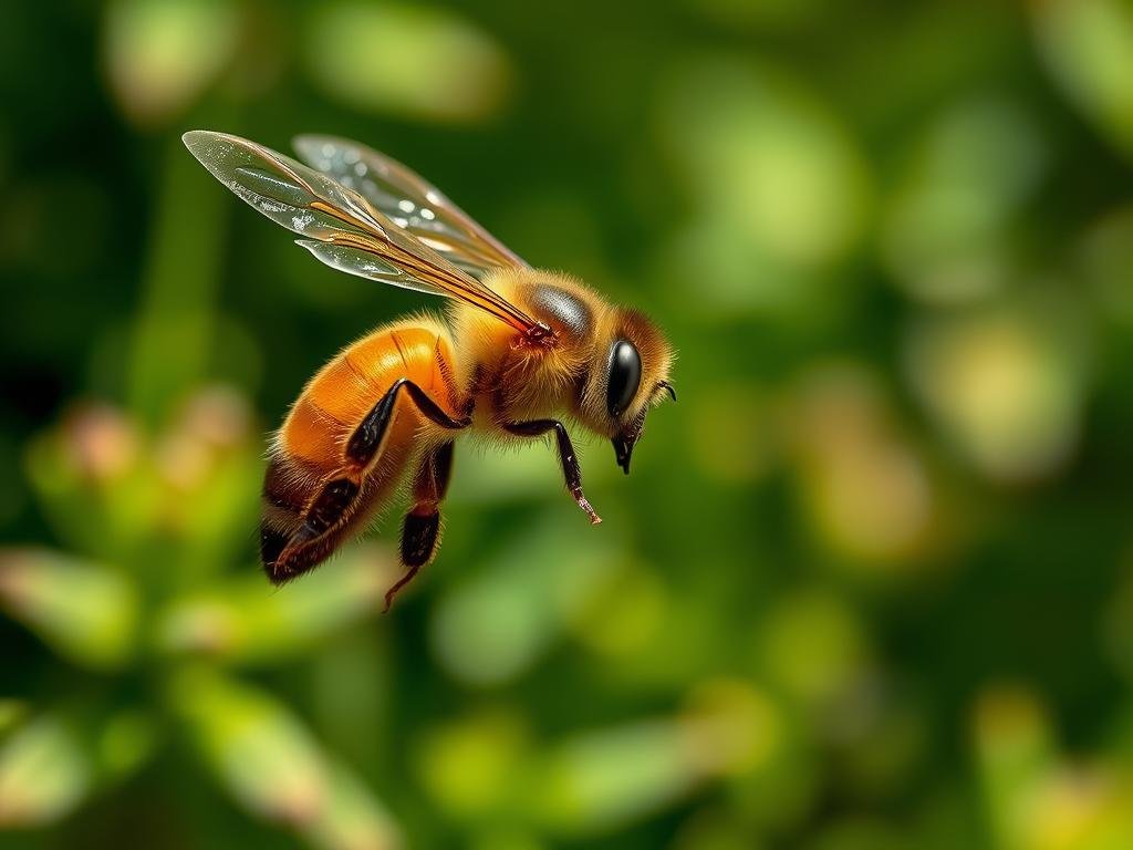 A regal honey bee queen in graceful flight, her delicate wings spread wide, her iridescent abdomen shimmering in the soft natural light. The scene captures the essence of the nuptial flight, as she embarks on her journey to mate and establish a new colony. The lush, verdant background evokes the tranquil Italian countryside, where APICOLTURA BORVEI MIELE apiaries thrive. The viewer is drawn into the intimate moment, a glimpse of the intricate dance that ensures the continuation of the hive. A regal honey bee queen in graceful flight, her delicate wings spread wide, her iridescent abdomen shimmering in the soft natural light. The scene captures the essence of the nuptial flight, as she embarks on her journey to mate and establish a new colony. The lush, verdant background evokes the tranquil Italian countryside, where APICOLTURA BORVEI MIELE apiaries thrive. The viewer is drawn into the intimate moment, a glimpse of the intricate dance that ensures the continuation of the hive.