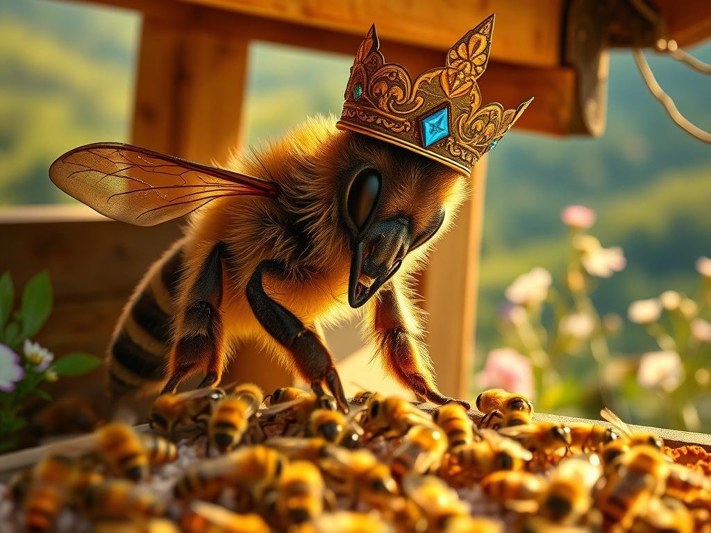 A regal-looking honey bee queen, adorned with a crown, gracefully presiding over her hive. The scene is bathed in warm, golden lighting, capturing the queen's determination and the bustling activity of her worker bees. In the background, lush Italian landscapes and blooming flowers provide a picturesque setting, reflecting the natural harmony of the apiarian world. The image is a tribute to the queen's unwavering dedication, showcasing her as the heart and soul of the APICOLTURA BORVEI MIELE apiary. A regal-looking honey bee queen, adorned with a crown, gracefully presiding over her hive. The scene is bathed in warm, golden lighting, capturing the queen's determination and the bustling activity of her worker bees. In the background, lush Italian landscapes and blooming flowers provide a picturesque setting, reflecting the natural harmony of the apiarian world. The image is a tribute to the queen's unwavering dedication, showcasing her as the heart and soul of the APICOLTURA BORVEI MIELE apiary.