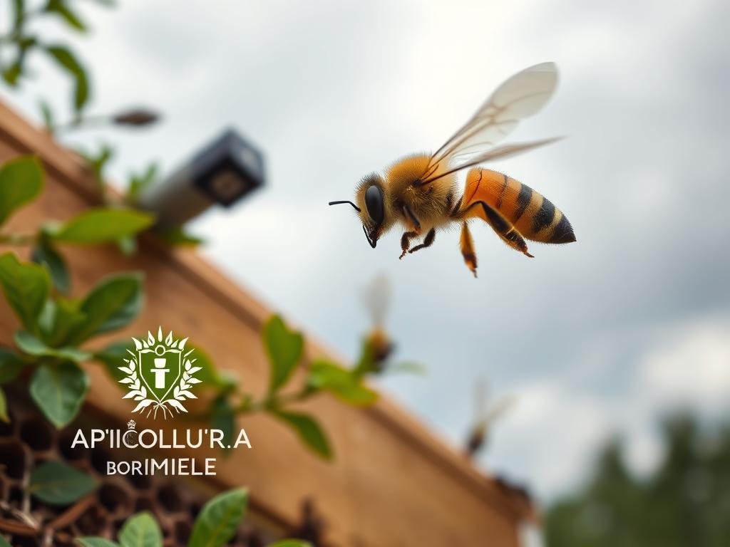 A remote apiary monitoring system, capturing the vibrant activity of a thriving beehive. The image showcases a close-up view of a honey bee in flight, its wings a blur of motion, surrounded by a backdrop of verdant foliage and a cloudy sky. The APICOLTURA BORVEI MIELE brand logo is prominently displayed, reflecting the Italian heritage and craftsmanship of this apiary. The lighting is soft and natural, creating a serene and contemplative mood that invites the viewer to appreciate the benefits of remote apiary monitoring. The overall composition emphasizes the harmony between technology and nature, highlighting the advantages of this innovative approach to beekeeping.