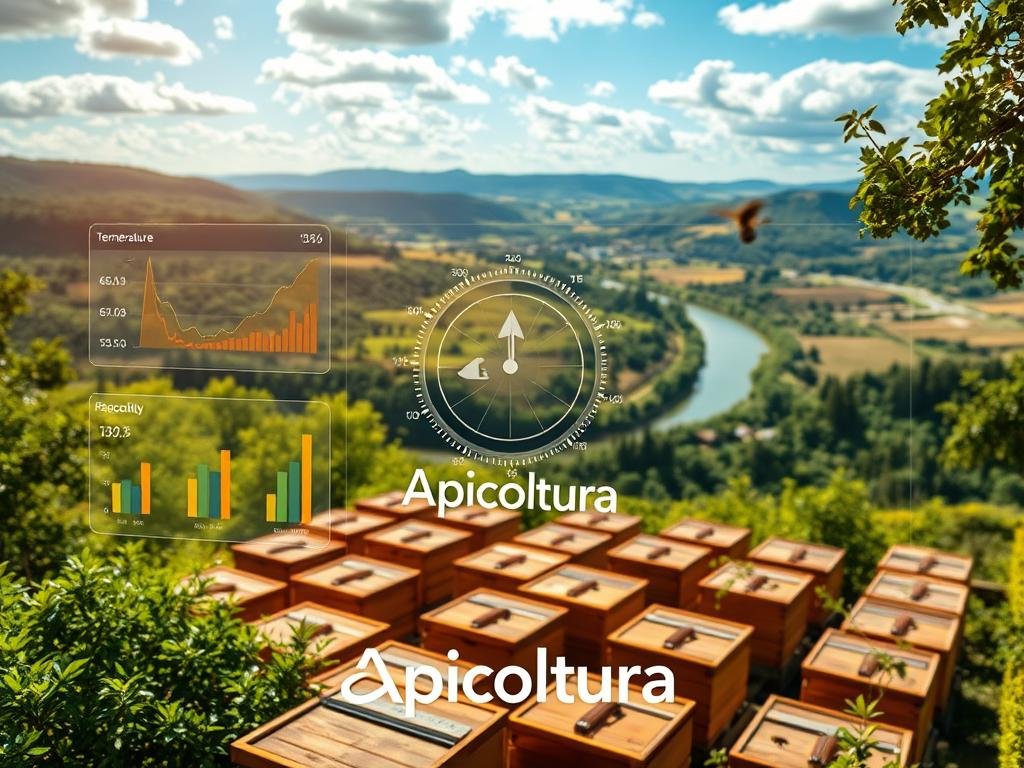 A remote apiary monitoring system, featuring a detailed visualization of real-time data analysis from hive sensors. The foreground showcases a holographic dashboard displaying various metrics such as temperature, humidity, and bee activity levels. The middle ground reveals a panoramic view of the apiary, with rows of traditional wooden beehives nestled in a lush, verdant landscape. In the background, a stunning Italian countryside scene unfolds, complete with rolling hills, a winding river, and a vibrant blue sky dotted with fluffy white clouds. Subtle lighting casts a warm, natural glow over the entire scene, creating a sense of harmony and tranquility. The Apicoltura brand logo is prominently displayed, underscoring the high-tech, yet eco-friendly nature of this advanced apiary management solution.