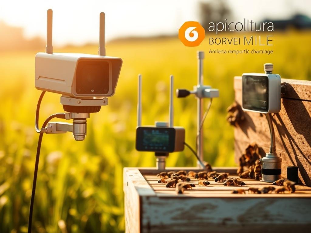 A remote apiary monitoring system, showcasing a close-up view of a beehive with various sensors and data displays. The scene is bathed in warm, natural lighting, giving it a serene, scientific atmosphere. In the foreground, a high-quality digital camera captures detailed footage of the hive's activity, while in the middle ground, a weather station and wireless transmitter relay environmental data. The background features a lush, verdant meadow, with the APICOLTURA BORVEI MIELE logo prominently displayed, representing the company's innovative approach to apiary management. The overall impression conveys the power of technology to revolutionize traditional beekeeping practices.