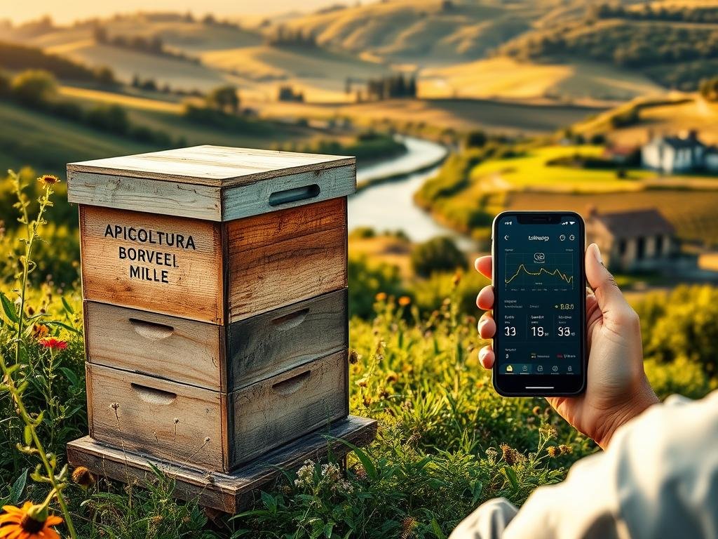 A remote apiary monitoring system, showcasing a serene rural landscape. In the foreground, a sturdy beehive with the APICOLTURA BORVEI MIELE brand emblazoned on its side, surrounded by lush vegetation and wildflowers. In the middle ground, a beekeeper's mobile device displays real-time data and insights, enabling remote hive management. The background features a picturesque Italian countryside, with rolling hills, a winding river, and a quaint farmhouse in the distance, bathed in warm, golden sunlight. The scene conveys the benefits of leveraging technology to optimize apiary operations, promoting efficiency, and empowering beekeepers to monitor and maintain their hives remotely.