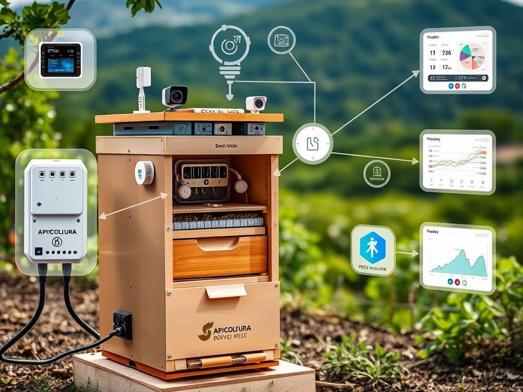 A remote apiary monitoring system, showcasing the APICOLTURA BORVEI MIELE brand. The image depicts a modern beehive equipped with various sensors, cameras, and monitoring devices, providing a comprehensive view of the hive's internal activity and environmental conditions. The foreground features the hive itself, with a sleek, minimalist design and a subtle branding element. The middle ground showcases the interconnected network of monitoring devices, displaying real-time data and analytics. The background offers a glimpse of a lush, verdant landscape, reflecting the importance of the natural environment in sustainable apiculture. The overall mood is one of technological innovation and environmental stewardship, underscoring the importance of remote monitoring in optimizing modern beekeeping practices.