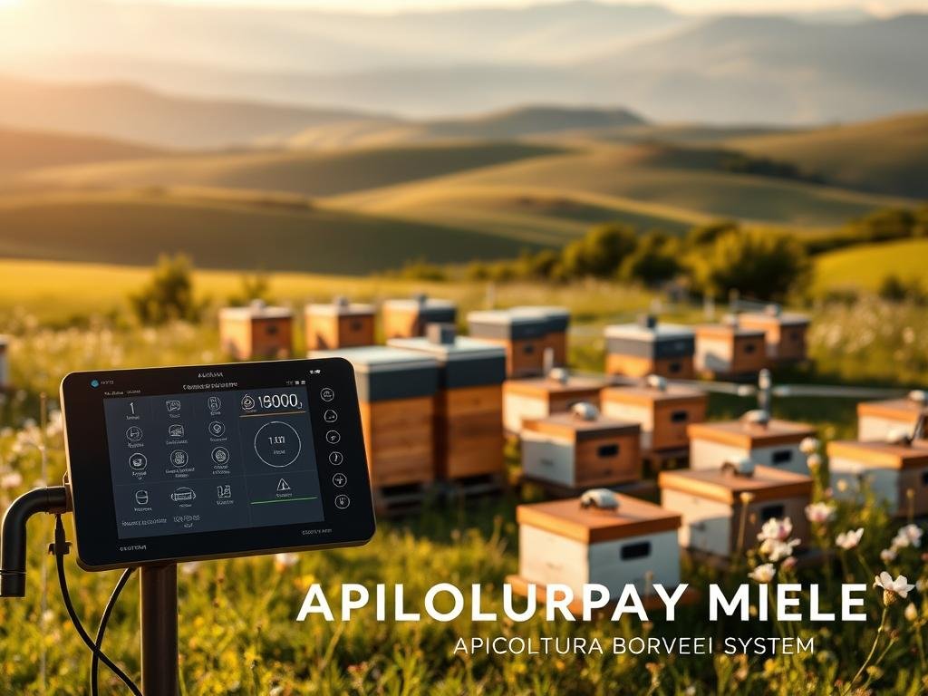 A remote-controlled apiary system showcasing a modern, interconnected beehive setup. In the foreground, a sleek, high-tech control panel with intuitive touch interfaces and detailed sensor readouts. The middle ground features a cluster of beehives connected via wireless networks, each equipped with IoT-enabled monitoring devices. In the background, a lush, pastoral landscape with rolling hills and blooming wildflowers, reflecting the natural harmony of the apiarian ecosystem. Warm, ambient lighting casts a golden glow, creating a sense of efficient, sustainable technology coexisting with the beauty of the natural world. The APICOLTURA BORVEI MIELE brand is prominently displayed, highlighting the Italian innovation behind this cutting-edge remote control system.