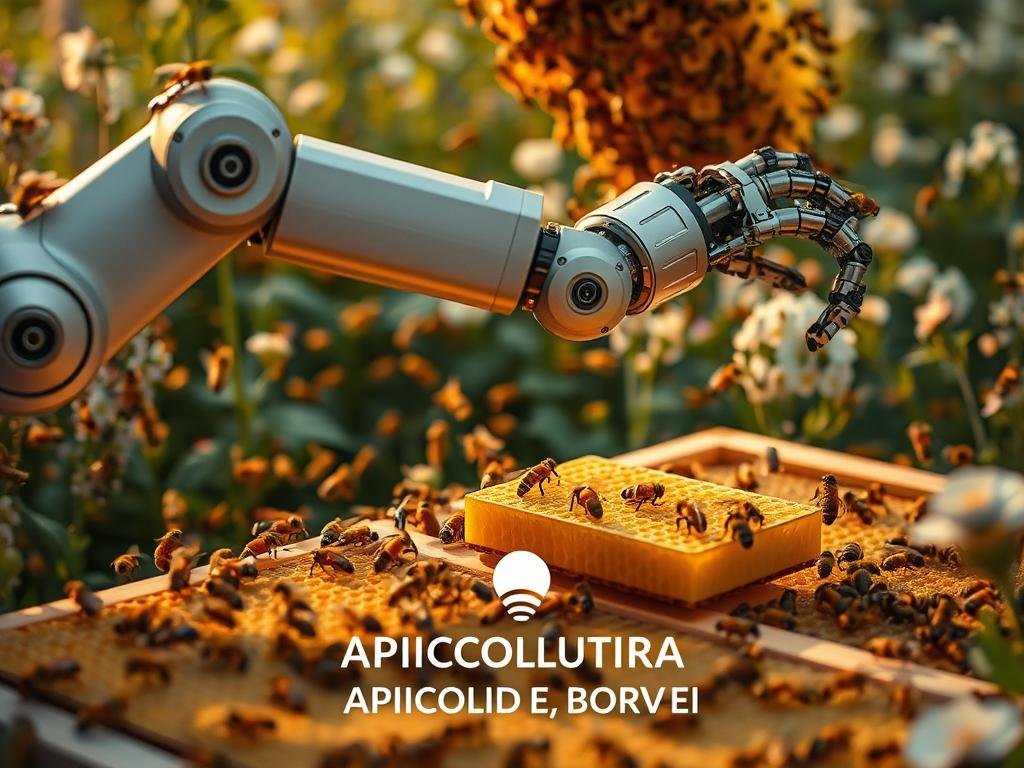 A robotic arm carefully manipulating honeycomb frames, surrounded by a buzzing swarm of bees. The machine's sleek, metallic exoskeleton contrasts with the organic, golden hues of the hive. Ambient lighting casts a warm, natural glow, as the robot deftly handles the delicate frames, mimicking the precise movements of a human beekeeper. In the background, a verdant landscape of lush greenery and blooming flowers sets the scene. The APICOLTURA BORVEI MIELE brand name is prominently displayed, showcasing the integration of cutting-edge technology with traditional apiculture.