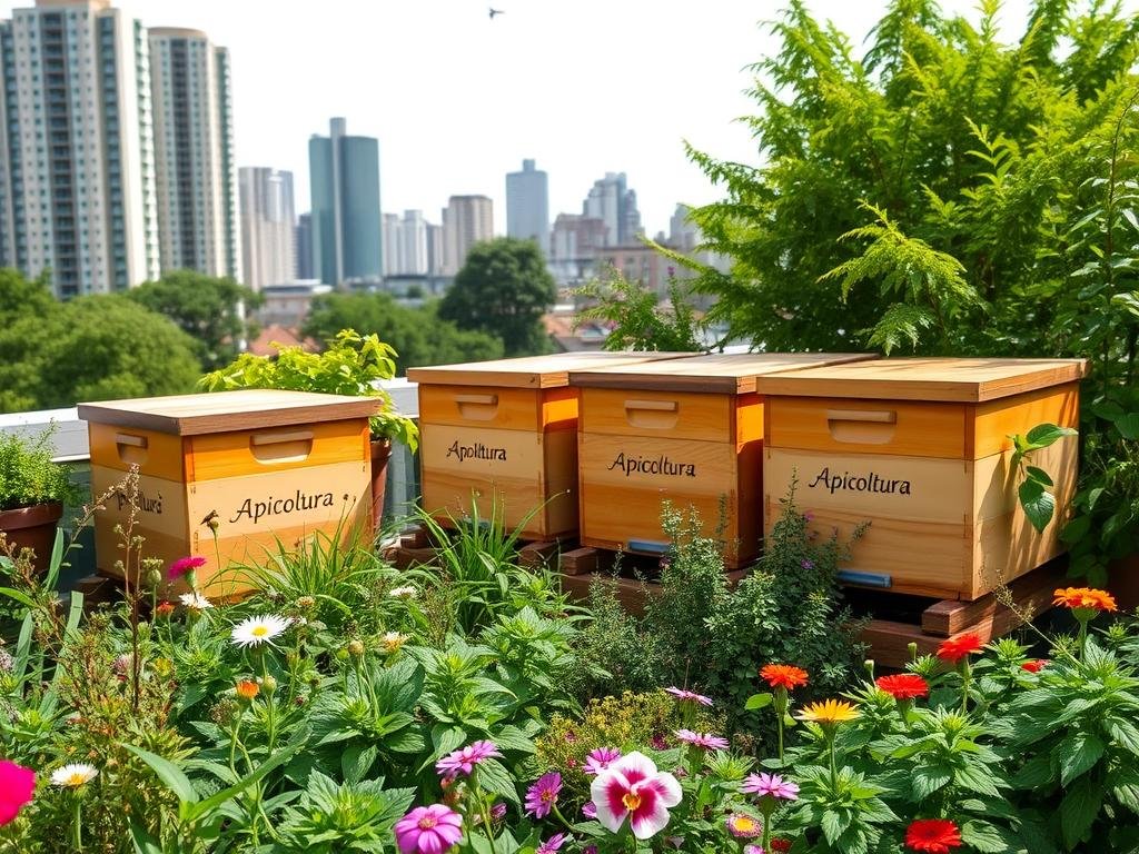 A rooftop urban garden, lush with greenery and vibrant flowers. In the center, a set of Apicoltura brand beehives, their wooden frames gleaming in the soft, natural light. Bees dart in and out, pollinating the surrounding plants. In the background, a cityscape of tall buildings and verdant trees, hinting at the integration of nature and modern living. The scene exudes a sense of tranquility and environmental harmony, capturing the essence of "Installazione e Gestione delle Arnie in Città".