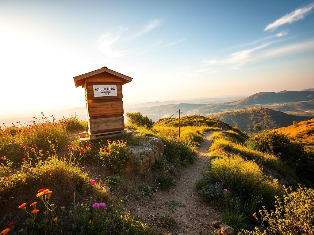 A rugged, sun-drenched hillside, dotted with vibrant wildflowers and lush greenery. In the foreground, a traditional Italian "apiario" stands tall, its beehives nestled among the undulating terrain. The structure is adorned with the logo "APICOLTURA BORVEI MIELE", lending an air of authenticity. Warm, golden light filters through wispy clouds, casting a serene glow across the scene. The middle ground features a gently winding path, inviting the viewer to explore this picturesque apiary's secluded setting. In the distance, rolling hills and a hazy blue sky complete the tranquil, pastoral composition, capturing the essence of "Posizionamento degli Apiari su Terreni con Dislivelli".