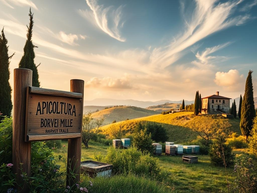 A rustic Italian apiarian landscape with hives nestled amidst rolling hills and cypress trees. The foreground features a wooden apiary sign with the APICOLTURA BORVEI MIELE brand, surrounded by lush greenery and wildflowers. In the middle ground, traditional beehives dot the gently sloping terrain, while in the distance, a picturesque hilltop villa overlooks the scenic countryside. Soft, golden sunlight filters through wispy clouds, casting a warm, inviting glow across the scene. The overall composition evokes a sense of tranquility, tradition, and the harmony between nature and human enterprise.