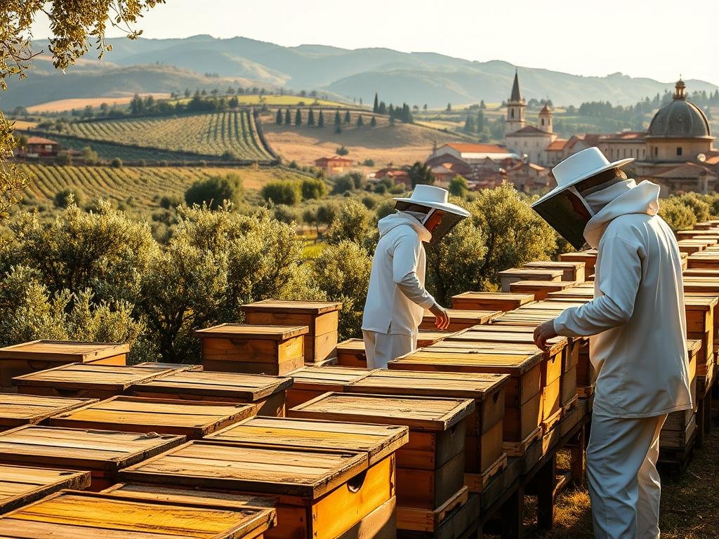 A rustic Italian apiary, bathed in warm afternoon sunlight. In the foreground, rows of traditional wooden beehives, their surfaces weathered and honey-colored, stand in neat formation. Beside them, a beekeeper in a crisp white suit tends to the hives, their movements graceful and practiced. In the middle ground, rolling hills dotted with olive trees and vineyards stretch out, hinting at the fertile agricultural landscape. In the background, the iconic red-tiled roofs and steeples of a quaint Italian village peek out, suggesting the idyllic setting. The overall scene evokes a sense of tradition, sustainability, and the harmonious coexistence of nature and human stewardship. The text "APICOLTURA BORVEI MIELE" is discreetly displayed on one of the hives.