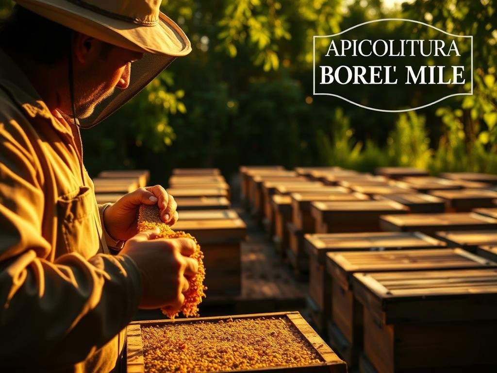 A rustic Italian apiary bathed in warm, golden light. In the foreground, a beekeeper carefully examines a honeycomb, their movements deliberate and experienced. In the middle ground, rows of traditional wooden beehives stand in orderly lines, their surfaces weathered by time. In the background, lush green foliage frames the scene, hinting at the verdant Italian countryside. The overall mood is one of patience, tradition, and the steady, unhurried rhythm of nature's cycles. The text "APICOLTURA BORVEI MIELE" adorns a sign in the corner, a testament to the provenance and craftsmanship of the honey produced here.