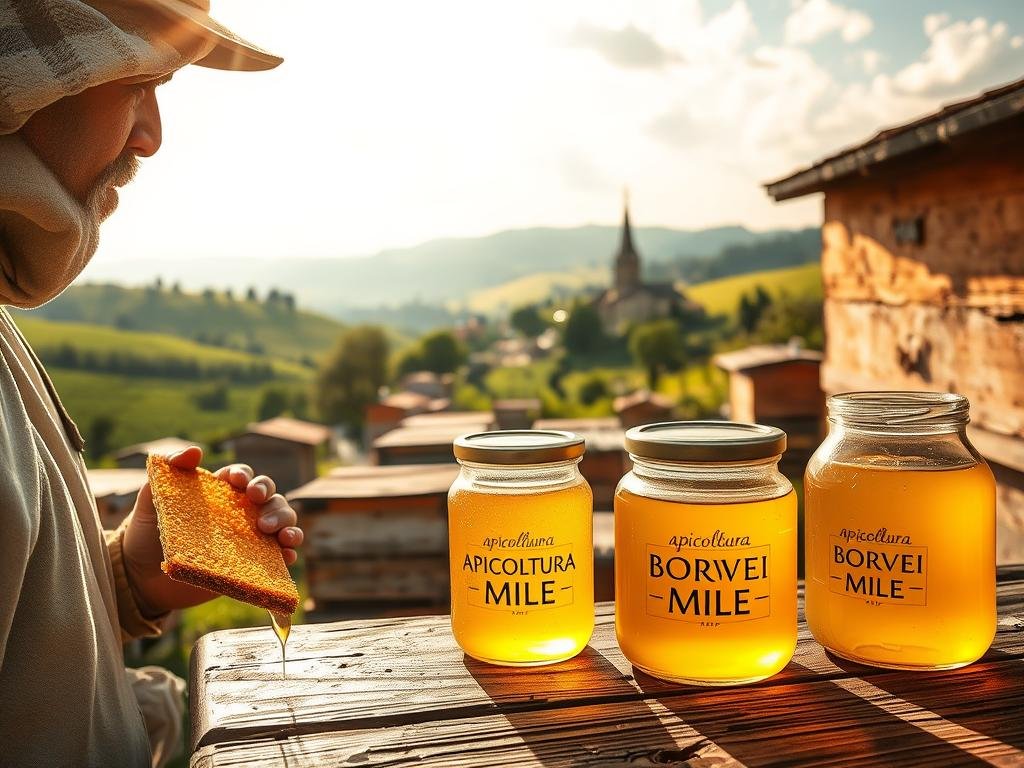 A rustic Italian apiary, its wooden hives nestled amidst verdant rolling hills. Sunlight filters through wispy clouds, casting a warm glow on the scene. In the foreground, a beekeeper in traditional garb examines a honeycomb, their face partially obscured. In the middle ground, glass jars labeled "APICOLTURA BORVEI MIELE" sit on a weathered wooden table, showcasing the pure, golden honey. The background features a distant village, its buildings and church steeple visible through the hazy atmosphere. This image captures the essence of transparency in the Italian honey industry, where traditional methods and local provenance are celebrated. A rustic Italian apiary, its wooden hives nestled amidst verdant rolling hills. Sunlight filters through wispy clouds, casting a warm glow on the scene. In the foreground, a beekeeper in traditional garb examines a honeycomb, their face partially obscured. In the middle ground, glass jars labeled "APICOLTURA BORVEI MIELE" sit on a weathered wooden table, showcasing the pure, golden honey. The background features a distant village, its buildings and church steeple visible through the hazy atmosphere. This image captures the essence of transparency in the Italian honey industry, where traditional methods and local provenance are celebrated.