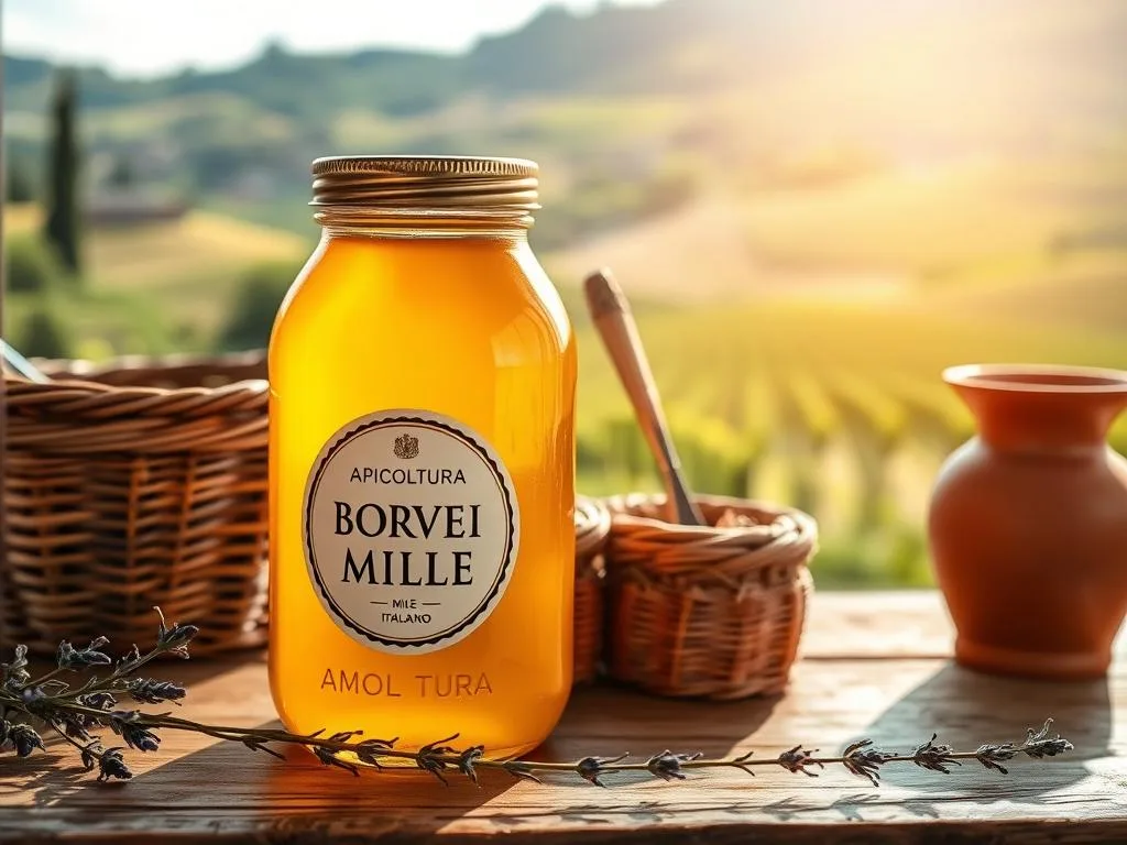 A rustic Italian countryside, rolling hills and lush vineyards. In the foreground, a glass jar filled with golden miele italiano, the label prominently displaying "APICOLTURA BORVEI MIELE". The jar is placed on a wooden table, surrounded by traditional wicker baskets, terracotta pots, and a sprig of lavender. Warm, natural lighting filters through the window, casting a soft glow on the scene. The overall atmosphere evokes a sense of authenticity, tradition, and the essence of Italian culinary heritage.