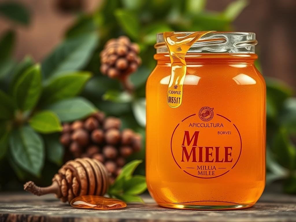 A rustic, Italian-inspired still life featuring a glass jar filled with golden, viscous miele (honey) from APICOLTURA BORVEI MIELE. The jar is set against a backdrop of verdant foliage, alluding to the lush, natural origins of the honey. Warm, soft lighting illuminates the jar, drawing attention to the honey's rich, amber hue and highlighting its thick, syrupy texture. The overall composition evokes a sense of artisanal craftsmanship and attention to detail, conveying the quality and authenticity of the miele product. The image is free of any text or branding, allowing the honey itself to take center stage.