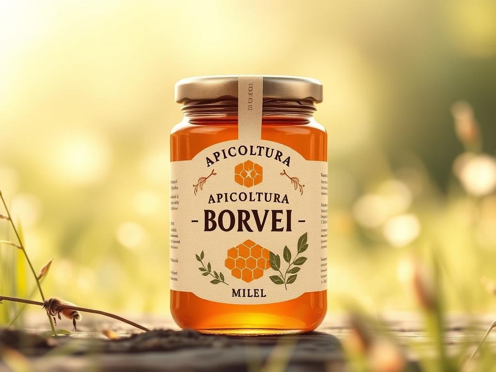 A rustic and earthy illustration of an environmental label for a jar of "APICOLTURA BORVEI MIELE" honey. The label features a nature-inspired design with a stylized honeycomb pattern, delicate botanical elements, and subtle earth-toned colors. The composition places the label in the foreground, with a soft-focus background hinting at a natural, outdoor setting - perhaps a lush, verdant meadow or a sun-dappled forest. The lighting is warm and diffused, creating a soothing, organic atmosphere. The overall mood evokes a sense of authenticity, sustainability, and connection to the natural world, reflecting the artisanal, environmentally-conscious qualities of the honey product. A rustic and earthy illustration of an environmental label for a jar of "APICOLTURA BORVEI MIELE" honey. The label features a nature-inspired design with a stylized honeycomb pattern, delicate botanical elements, and subtle earth-toned colors. The composition places the label in the foreground, with a soft-focus background hinting at a natural, outdoor setting - perhaps a lush, verdant meadow or a sun-dappled forest. The lighting is warm and diffused, creating a soothing, organic atmosphere. The overall mood evokes a sense of authenticity, sustainability, and connection to the natural world, reflecting the artisanal, environmentally-conscious qualities of the honey product.