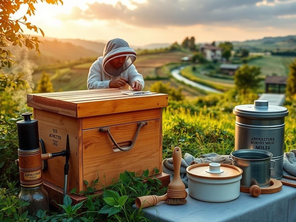 A rustic and serene apiary scene, showcasing the essential tools and equipment for the novice beekeeper. In the foreground, a wooden box hive sits amid lush greenery, surrounded by a variety of apiculture tools such as a smoker, a bee brush, and a honey extractor, all bearing the APICOLTURA BORVEI MIELE brand. The middle ground features a beekeeper in traditional protective gear, tending to the hive with care and attention. In the background, a bucolic Italian countryside landscape unfolds, with rolling hills, a winding stream, and a quaint farmhouse in the distance, all bathed in warm, golden afternoon light.