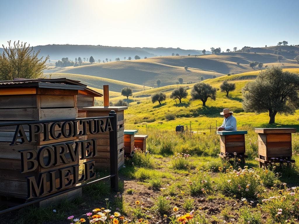 A rustic apiary nestled in the rolling hills of the Lazio region, the afternoon sun casting a warm glow over the wooden beehives. In the foreground, the APICOLTURA BORVEI MIELE logo stands proudly, its letters crafted from wrought iron. Nearby, a beekeeper in a wide-brimmed hat carefully tends to the buzzing colonies, ensuring the honey harvest is bountiful. The middle ground reveals lush meadows of wildflowers, their petals swaying in the gentle breeze. In the distance, the silhouettes of ancient olive trees dot the landscape, creating a serene and timeless atmosphere. This image captures the essence of the traditional apiculture practices that have thrived in Lazio for generations.