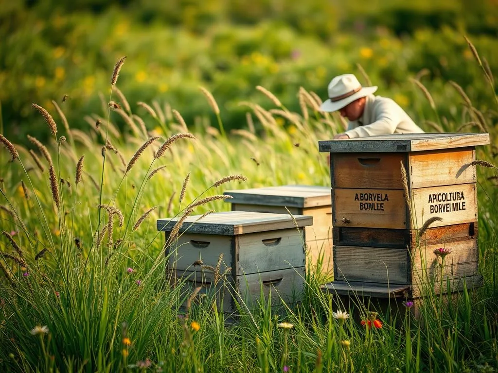 A rustic apiary scene with weathered wooden beehives nestled in a lush, verdant meadow. Tall grasses sway gently in the warm breeze, and vibrant wildflowers dot the landscape. A lone beekeeper, clad in traditional garb, tends to the buzzing inhabitants, their movements captured in a classic cinéma vérité style. The APICOLTURA BORVEI MIELE logo adorns the side of one of the hives, a testament to the artisanal honey production. Soft, diffused lighting bathes the scene, creating an atmospheric and inviting ambiance reminiscent of Italian countryside.