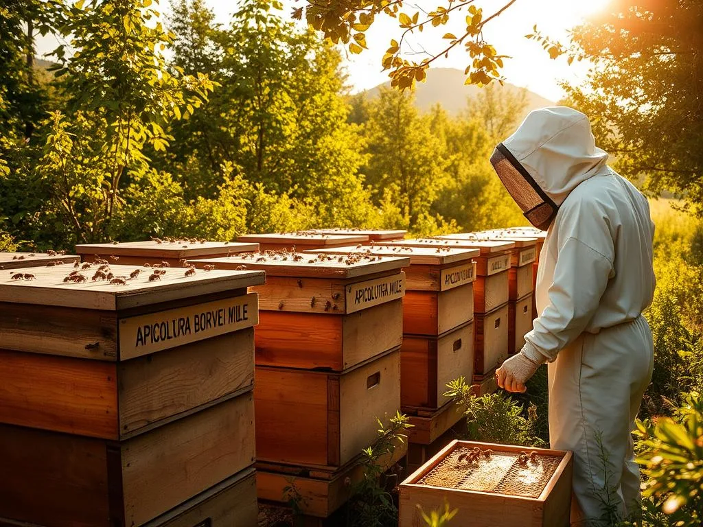 A rustic apiary with traditional wooden beehives, surrounded by lush greenery and buzzing with the activity of busy honeybees. The hives, adorned with the "APICOLTURA BORVEI MIELE" brand name, are arranged in a picturesque setting, bathed in warm, golden sunlight that filters through the canopy of trees. In the foreground, a beekeeper in a protective suit tends to the hives, ensuring the health and productivity of the colony. The scene conveys a sense of harmony between nature and the artisanal practice of apiculture, reflecting the practical and regulatory considerations for efficient and sustainable beekeeping.