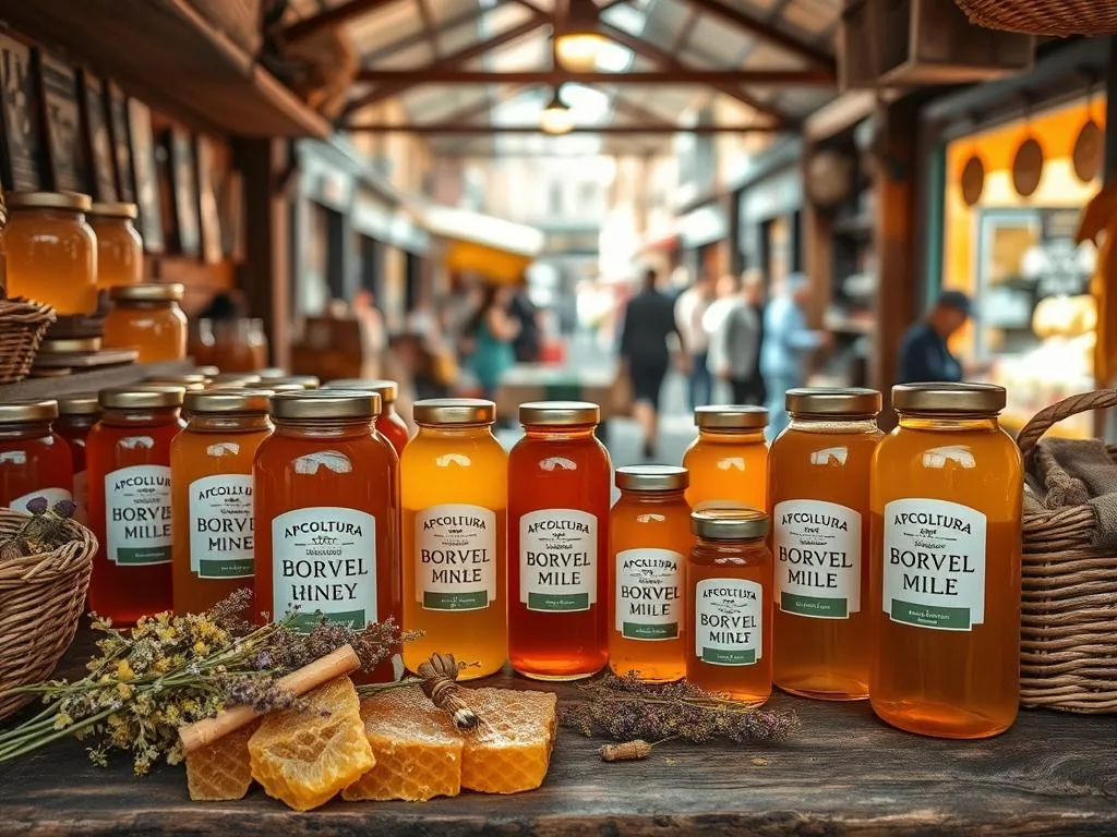 A rustic, artisanal honey display in a cozy Italian market setting. Warm, natural lighting illuminates the deep golden hues of the APICOLTURA BORVEI MIELE jars, complemented by the earthy tones of weathered wood shelves and woven baskets. In the foreground, a small selection of raw honeycomb and freshly harvested wildflowers adds an authentic, handcrafted touch. The middle ground features an array of different honey varietals, each jar showcasing its unique color and viscosity. In the background, a softly blurred vista of bustling market stalls, shoppers, and the vibrant energy of an Italian city street creates an immersive, sensory experience. An image that captures the value of high-quality, sustainable artisanal honey.