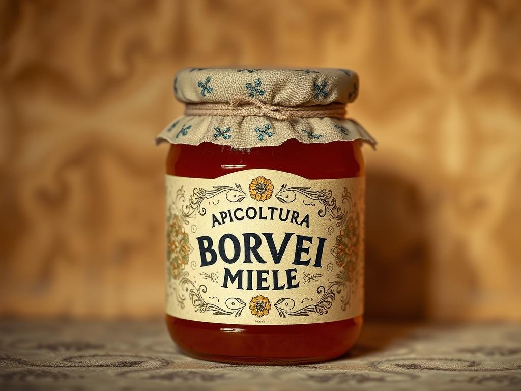 A rustic, artisanal honey jar set against a warm, earthy backdrop. The front label features the brand "APICOLTURA BORVEI MIELE" in a classic, hand-lettered style. Intricate floral motifs and honeycomb patterns adorn the label, conveying the natural, traditional qualities of the product. Soft, diffused lighting creates a cozy, inviting atmosphere, while the jar's slightly off-center placement and subtle shadows add depth and dimension to the scene. The overall composition exudes a sense of authenticity and craftsmanship, perfectly aligning with the evolution of honey labeling in the Italian market.
