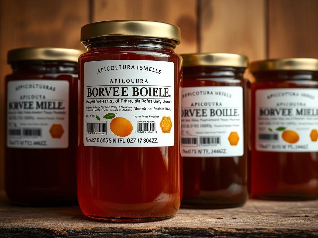 A rustic display of "APICOLTURA BORVEI MIELE" jars, showcasing the proper labeling and traceability information required for Italian honey products. The labels feature rich, amber-colored honey alongside clean, minimalist typography against a warm, wooden background. Soft, diffused lighting accentuates the natural texture and hues of the honey, creating an inviting, artisanal atmosphere. The overall composition emphasizes the importance of transparent labeling and responsible sourcing, in line with the article's focus on honey traceability.