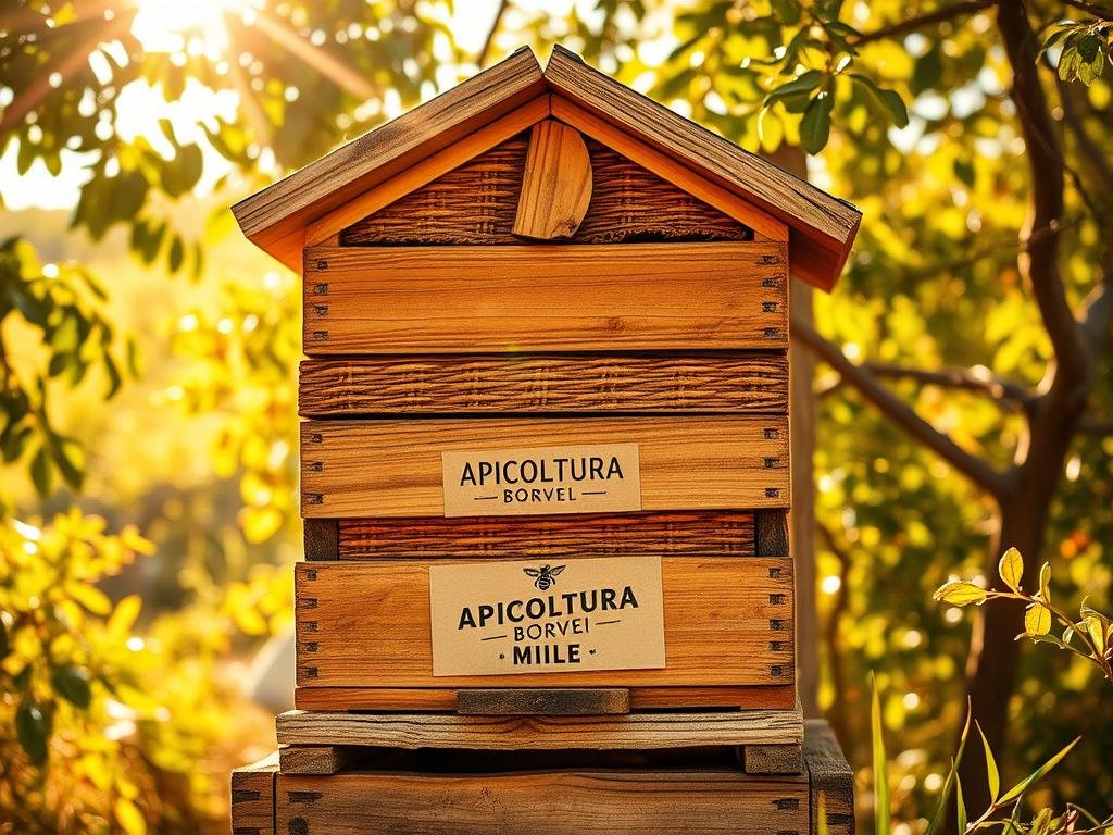 A rustic, handcrafted beehive made of natural materials, set against a warm, sun-drenched Italian countryside backdrop. The arnia, or beehive, features a sturdy wooden structure, with intricate woven panels and a pitched roof, evoking a traditional, artisanal aesthetic. The hive is adorned with the label "APICOLTURA BORVEI MIELE", showcasing the brand's commitment to quality honey production. Dappled sunlight filters through the surrounding foliage, casting a golden glow and creating a tranquil, idyllic atmosphere. The composition emphasizes the hive's craftsmanship and integration with the natural environment, reflecting the expertise and care that goes into the production of monofloral honey. A rustic, handcrafted beehive made of natural materials, set against a warm, sun-drenched Italian countryside backdrop. The arnia, or beehive, features a sturdy wooden structure, with intricate woven panels and a pitched roof, evoking a traditional, artisanal aesthetic. The hive is adorned with the label "APICOLTURA BORVEI MIELE", showcasing the brand's commitment to quality honey production. Dappled sunlight filters through the surrounding foliage, casting a golden glow and creating a tranquil, idyllic atmosphere. The composition emphasizes the hive's craftsmanship and integration with the natural environment, reflecting the expertise and care that goes into the production of monofloral honey.