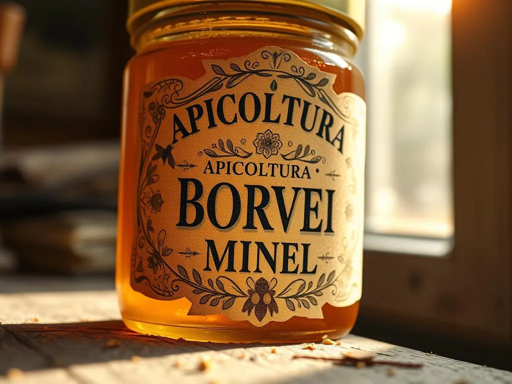 A rustic, handcrafted honey label featuring the brand name "APICOLTURA BORVEI MIELE" in elegant typography. The label is adorned with intricate floral patterns, subtle beehive motifs, and earthy tones that evoke the natural origins of the honey. Sunlight filters through a window, casting a warm, golden glow on the label's textured surface. The composition emphasizes the label's tactile, artisanal quality, inviting the viewer to imagine the rich, fragrant honey within. The overall aesthetic is inspired by traditional Italian honey labels, reflecting the care and craftsmanship of the producer.