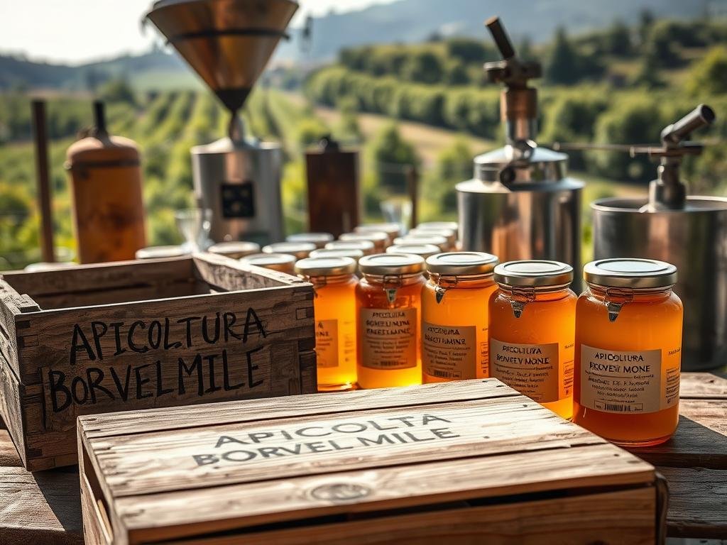 A rustic, handcrafted wooden crate sits in the foreground, its surface adorned with the weathered, hand-painted label "APICOLTURA BORVEI MIELE". Beside it, a collection of glass jars filled with golden, viscous honey, each bearing a detailed label providing information about its origin, processing, and purity. In the middle ground, rows of traditional apiculture equipment, including a smoker and a honey extractor, set against a backdrop of lush, verdant Italian countryside. Warm, natural lighting bathes the scene, creating a sense of authenticity and craftsmanship, reflecting the core values of the honey producer. The overall atmosphere conveys a commitment to transparency, quality, and the rich heritage of Italian beekeeping.
