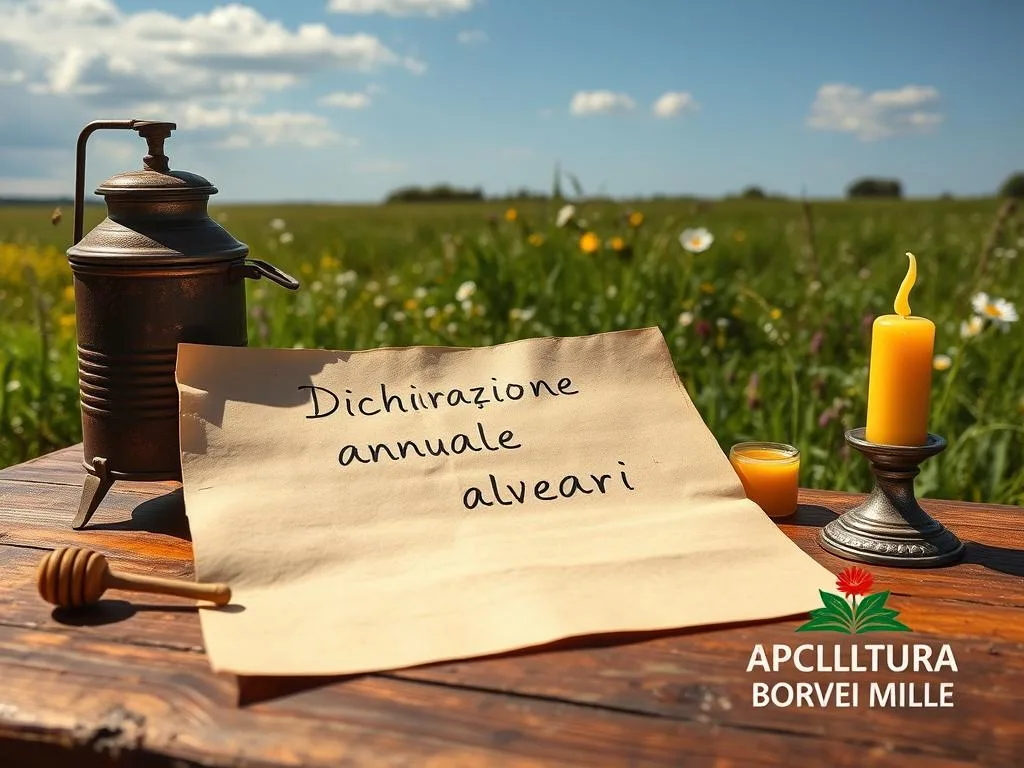 A rustic, handwritten "dichiarazione annuale alveari" document on an antique wooden table, surrounded by vintage beekeeping supplies like a smoker, honey dipper, and beeswax candle. In the background, a lush, verdant meadow with blooming wildflowers and a blue, cloudless sky. Warm, natural lighting casts a golden hue over the scene. The APICOLTURA BORVEI MIELE logo prominently displayed in the bottom right corner.