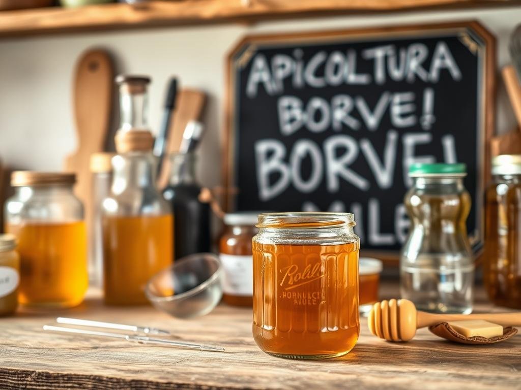 A rustic kitchen countertop, adorned with a variety of jars, bottles, and tools used for evaluating the quality of honey. In the foreground, a clear glass jar filled with a rich, golden-hued honey, its viscosity and clarity inviting closer inspection. Surrounding it, an assortment of honey testing implements, such as a refractometer, a beeswax candle, and a honey dipper. The mid-ground features a chalkboard sign bearing the text "APICOLTURA BORVEI MIELE", lending an authentic, artisanal feel. The background is softly blurred, hinting at a cozy, welcoming kitchen setting, complete with natural lighting that casts a warm glow over the scene. The overall mood is one of artisanal craftsmanship and the joy of exploring the nuances of high-quality honey. A rustic kitchen countertop, adorned with a variety of jars, bottles, and tools used for evaluating the quality of honey. In the foreground, a clear glass jar filled with a rich, golden-hued honey, its viscosity and clarity inviting closer inspection. Surrounding it, an assortment of honey testing implements, such as a refractometer, a beeswax candle, and a honey dipper. The mid-ground features a chalkboard sign bearing the text "APICOLTURA BORVEI MIELE", lending an authentic, artisanal feel. The background is softly blurred, hinting at a cozy, welcoming kitchen setting, complete with natural lighting that casts a warm glow over the scene. The overall mood is one of artisanal craftsmanship and the joy of exploring the nuances of high-quality honey.